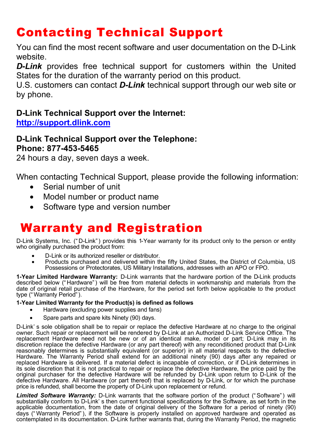 D-Link DI-604 manual Contacting Technical Support, Warranty and Registration, Link Technical Support over the Internet 