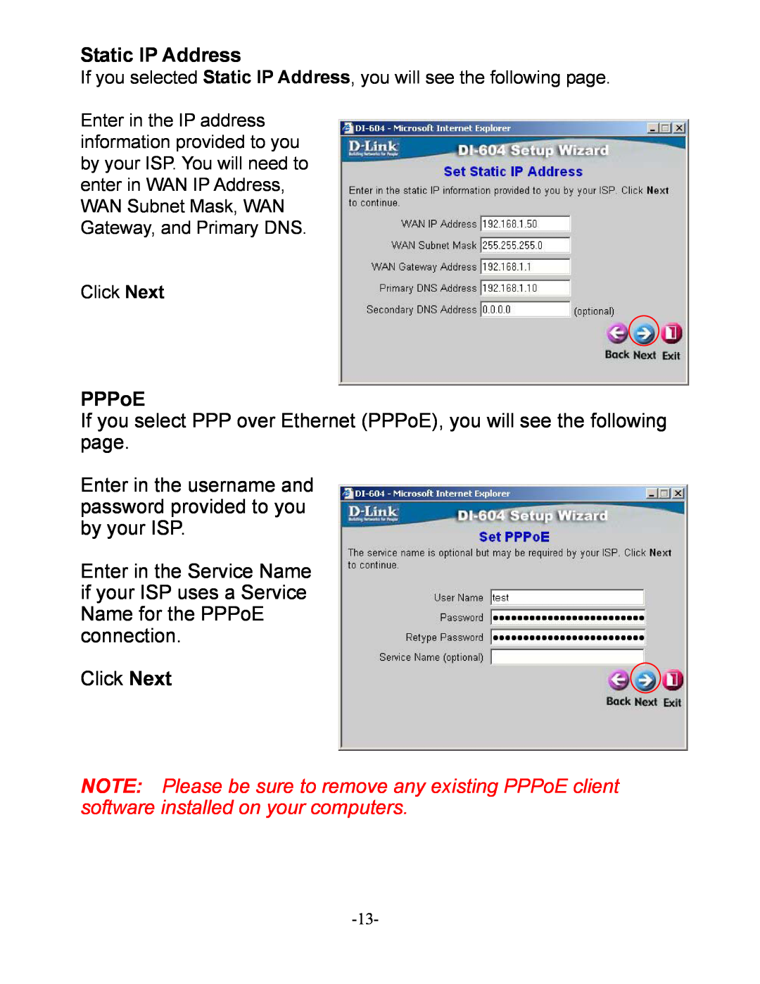 D-Link DI-604 manual Static IP Address, PPPoE 
