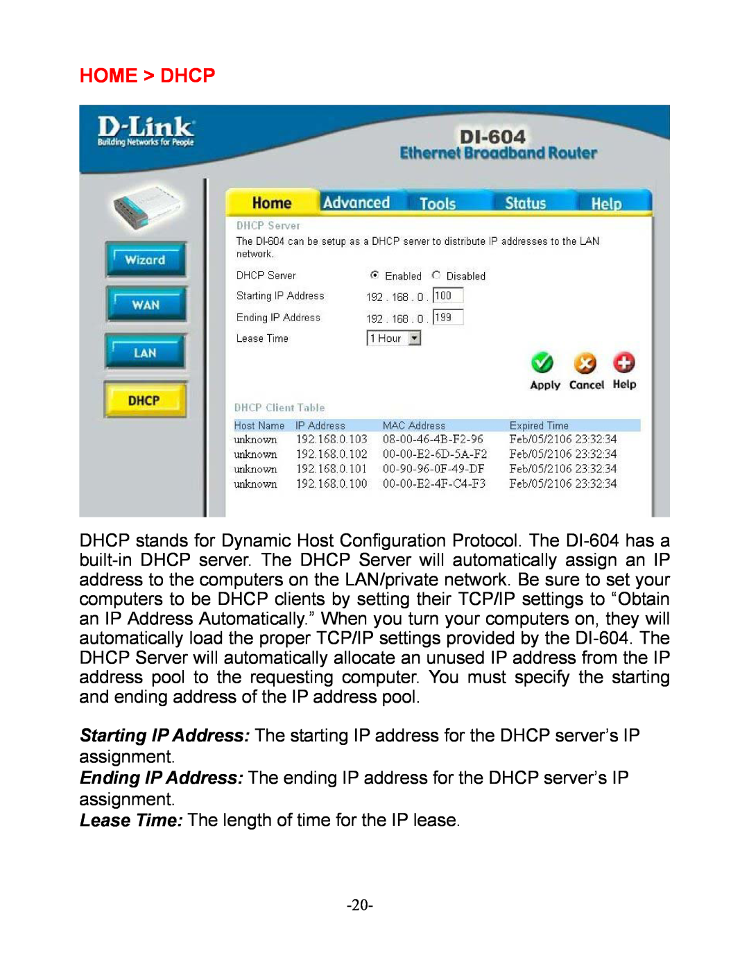D-Link DI-604 manual Home Dhcp 