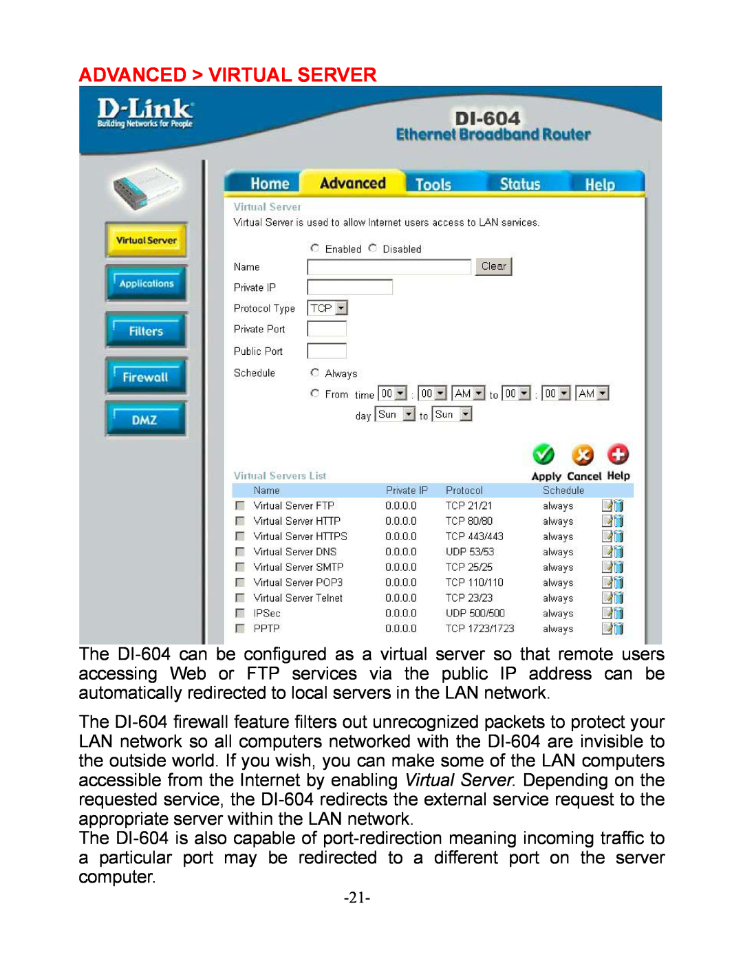 D-Link DI-604 manual Advanced Virtual Server 