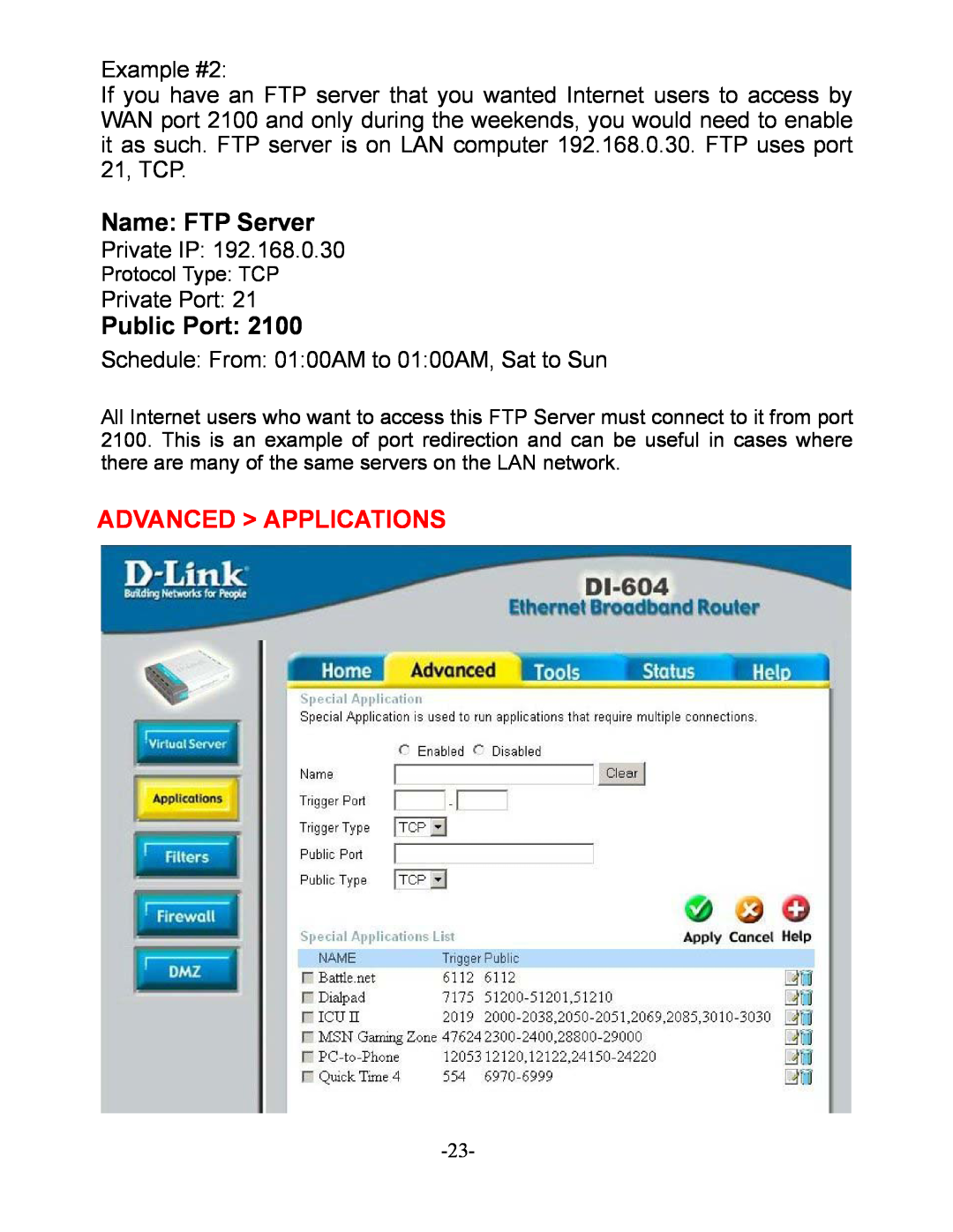 D-Link DI-604 manual Name FTP Server, Advanced Applications, Public Port 