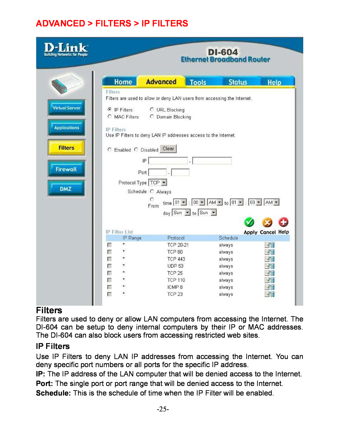 D-Link DI-604 manual Advanced Filters Ip Filters, IP Filters 