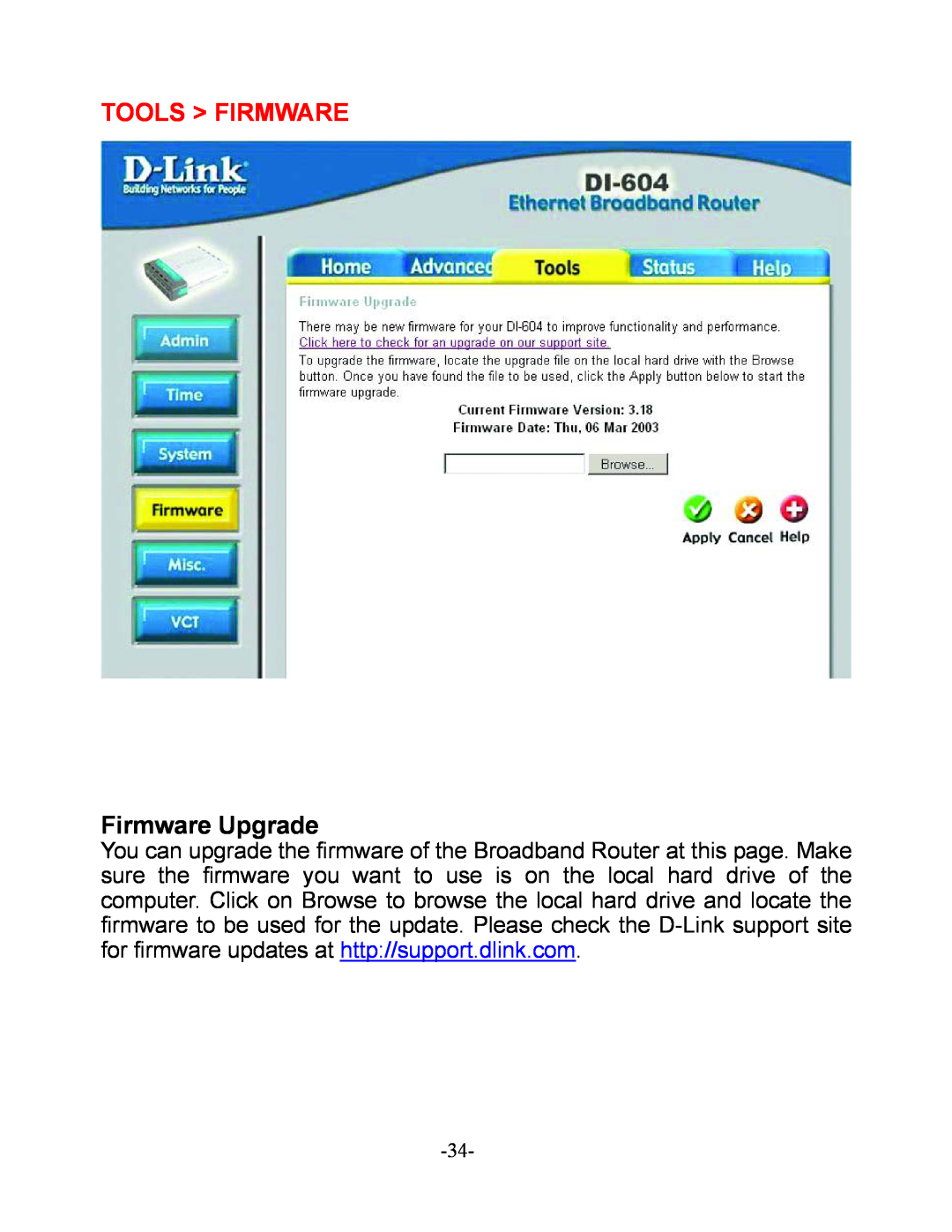D-Link DI-604 manual Tools Firmware, Firmware Upgrade 