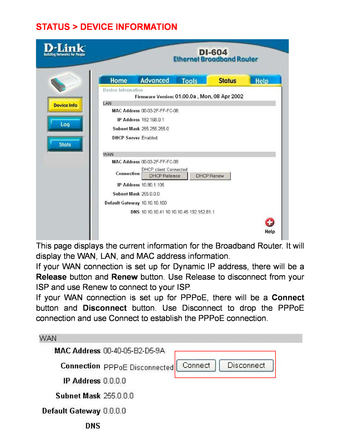D-Link DI-604 manual Status Device Information 