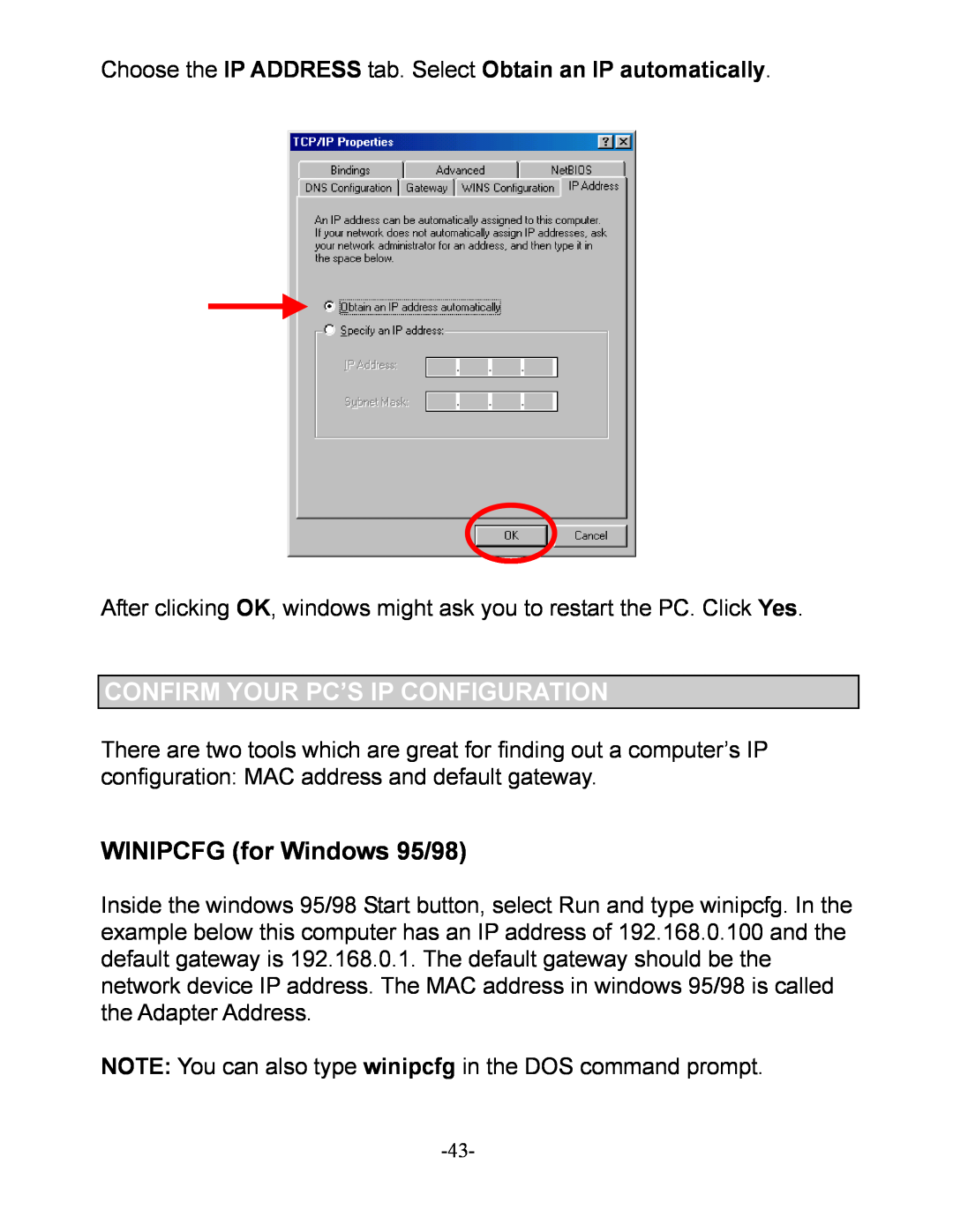 D-Link DI-604 manual WINIPCFG for Windows 95/98, Confirm Your Pc’S Ip Configuration 
