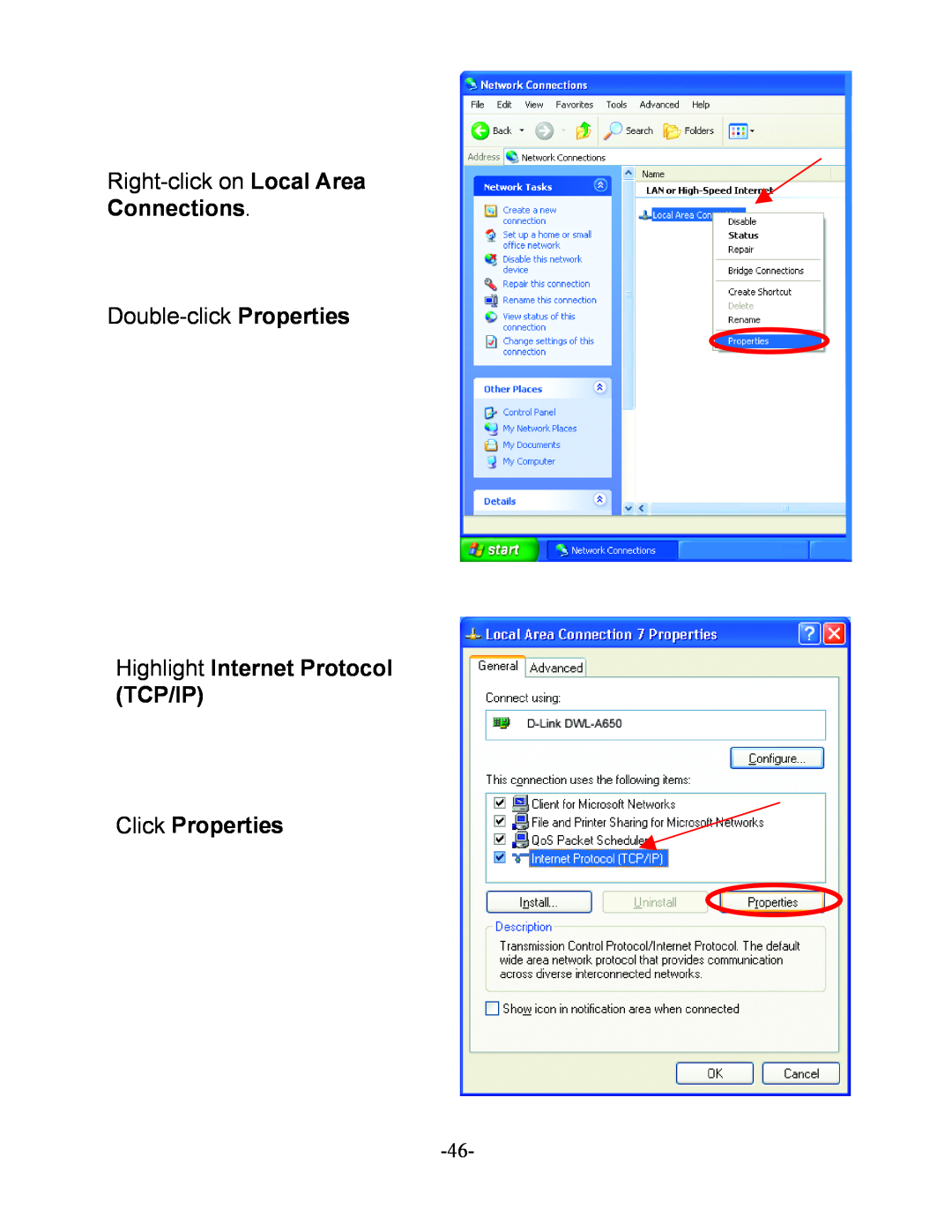 D-Link DI-604 manual Right-click on Local Area, Connections, Double-click Properties 