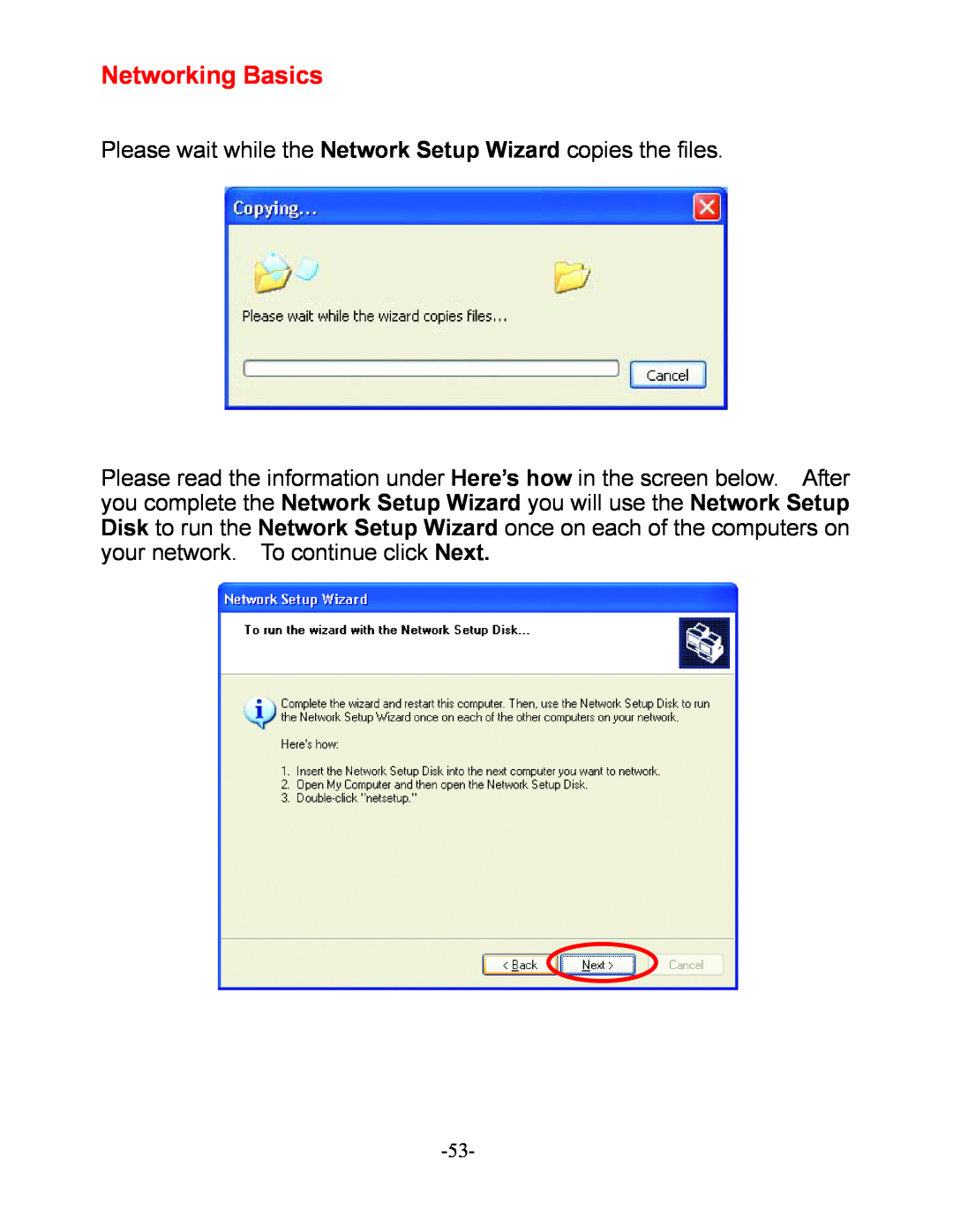 D-Link DI-604 manual Networking Basics, Please wait while the Network Setup Wizard copies the files 