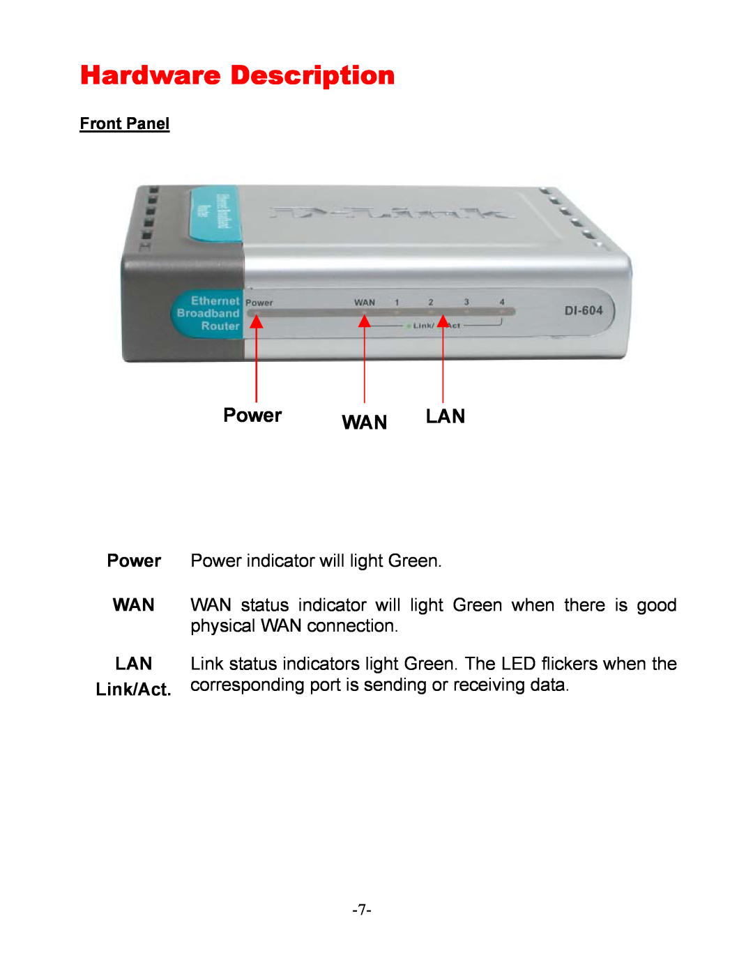 D-Link DI-604 manual Hardware Description, Power WAN LAN 