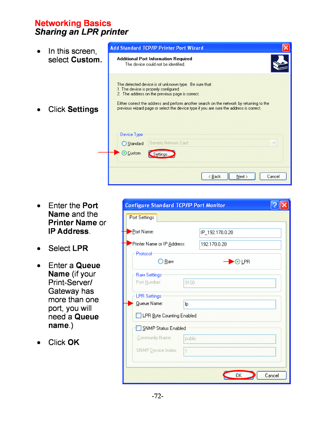 D-Link DI-604 manual Networking Basics Sharing an LPR printer, Click Settings 