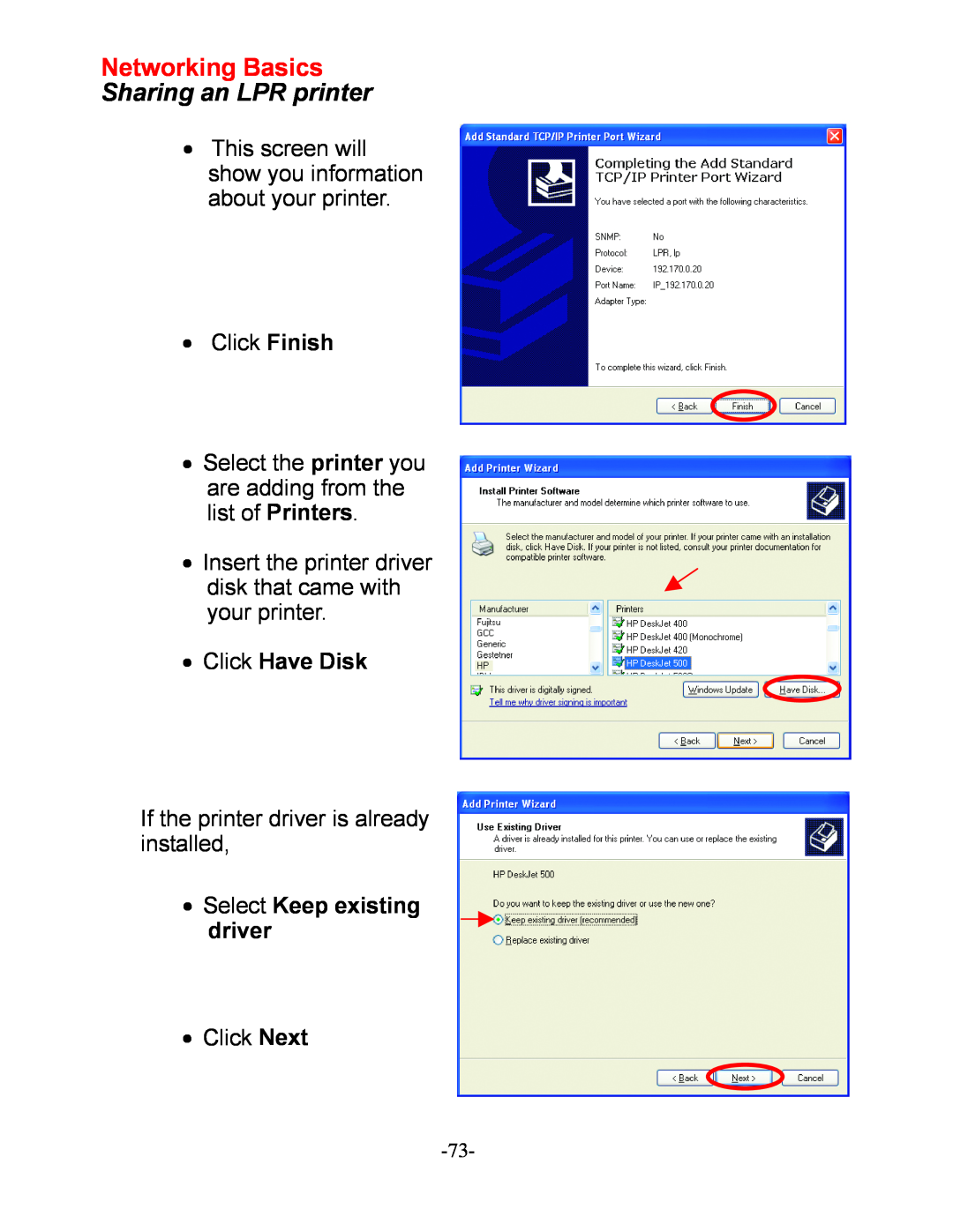D-Link DI-604 manual Networking Basics Sharing an LPR printer, Click Have Disk, Select Keep existing driver 
