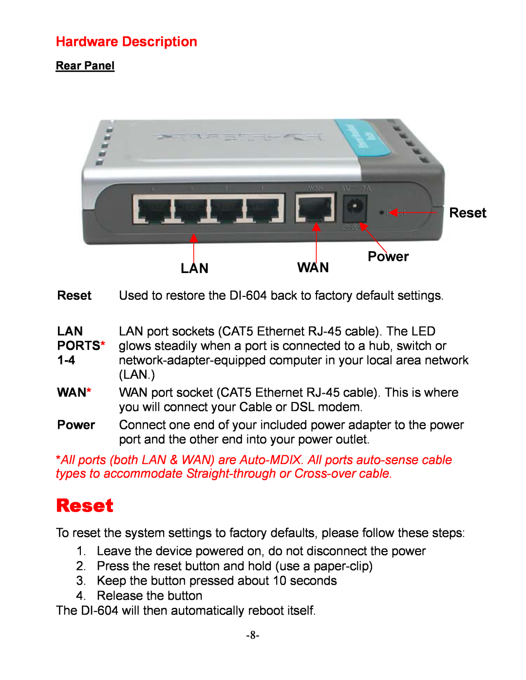 D-Link DI-604 manual Hardware Description, Lanwan, Reset Power 