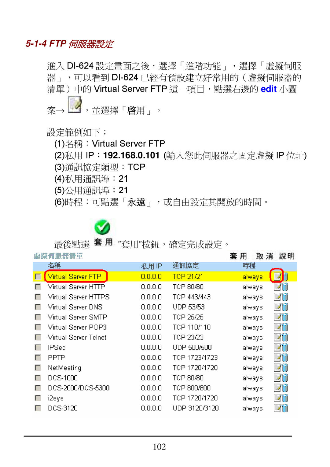 D-Link DI-624 manual Ftp 伺服器設定 