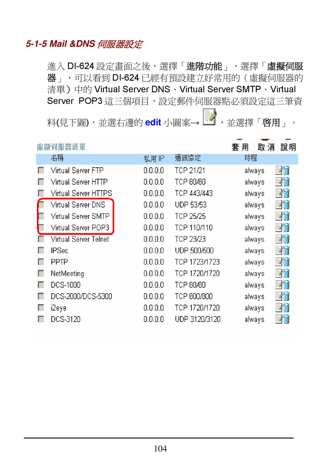 D-Link DI-624 manual Mail &DNS 伺服器設定 