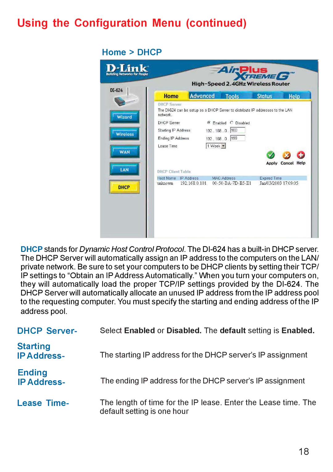 D-Link DI-624 manual Home Dhcp, Dhcp Server, Starting, Ending, Lease Time 