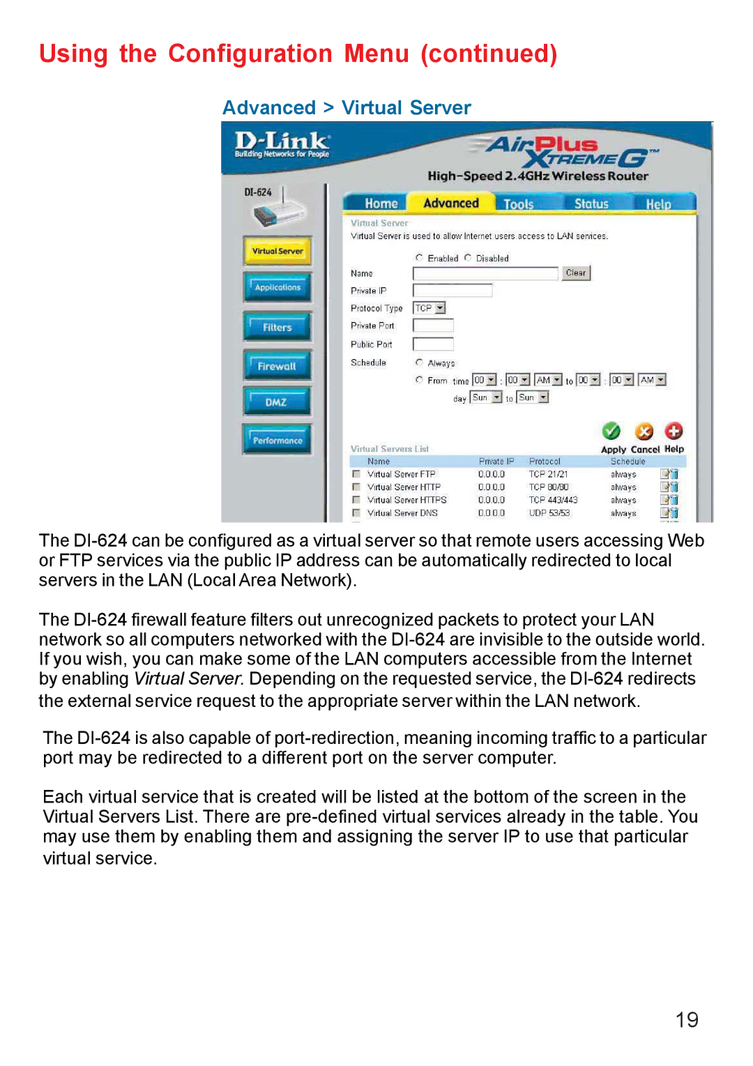 D-Link DI-624 manual Advanced Virtual Server 