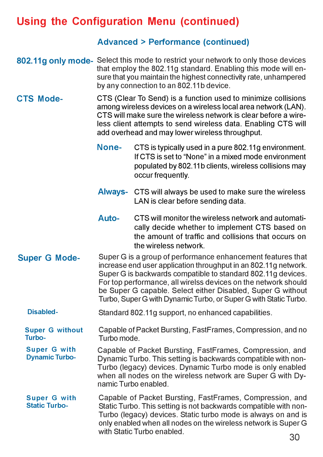 D-Link DI-624 manual Advanced Performance, CTS Mode, Super G Mode 