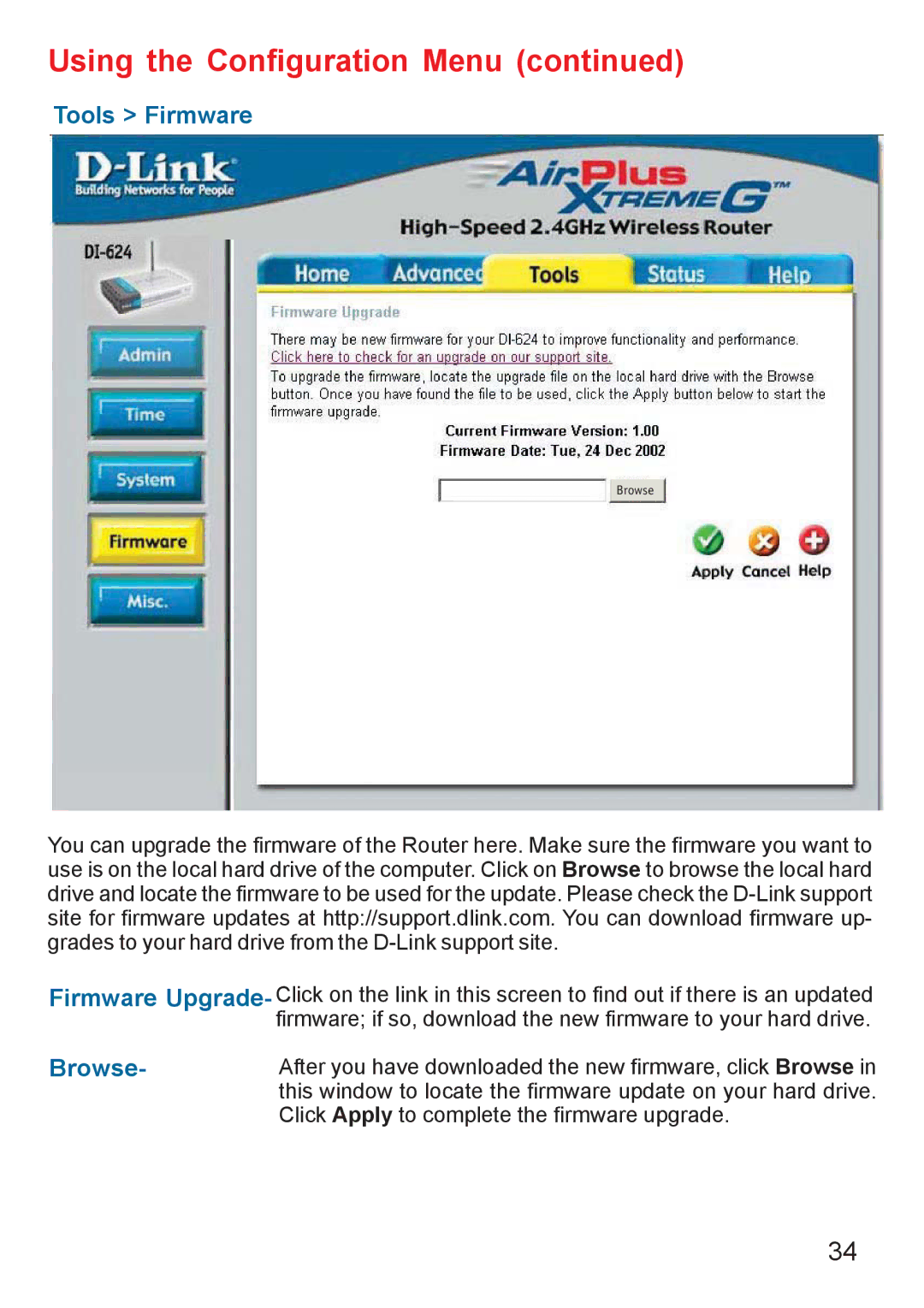 D-Link DI-624 manual Tools Firmware, Browse 