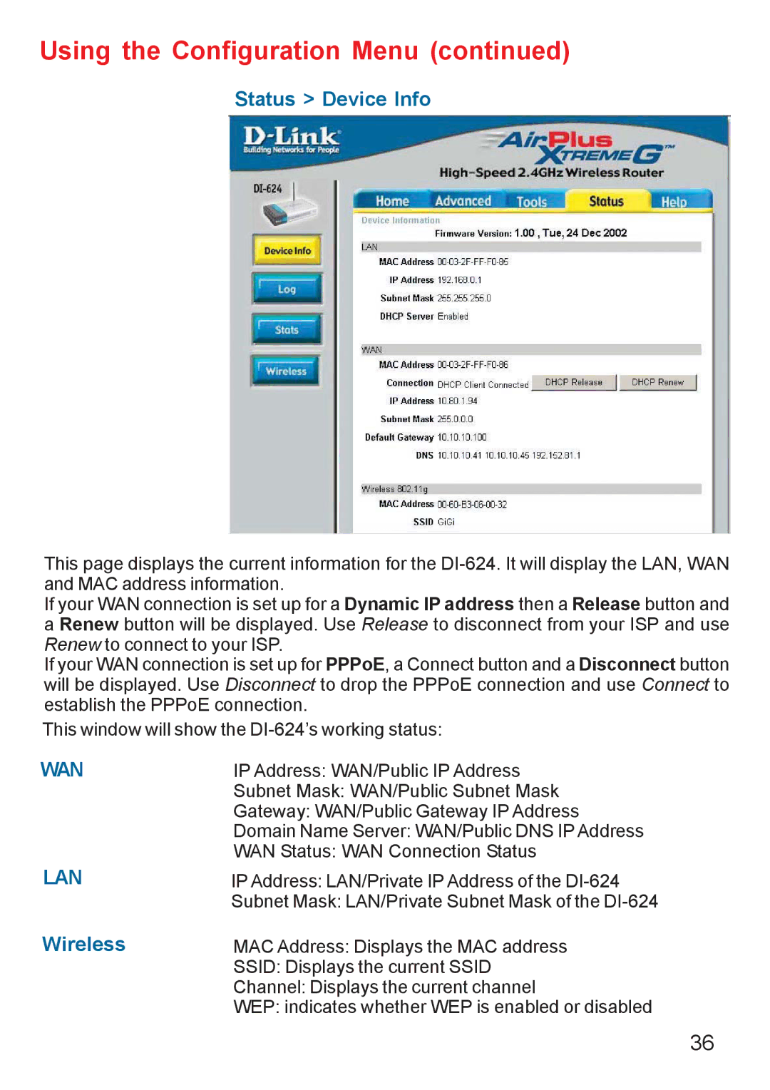 D-Link DI-624 manual Status Device Info, Lan 