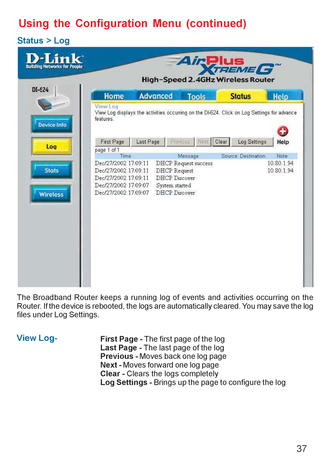 D-Link DI-624 manual Status Log, View Log 