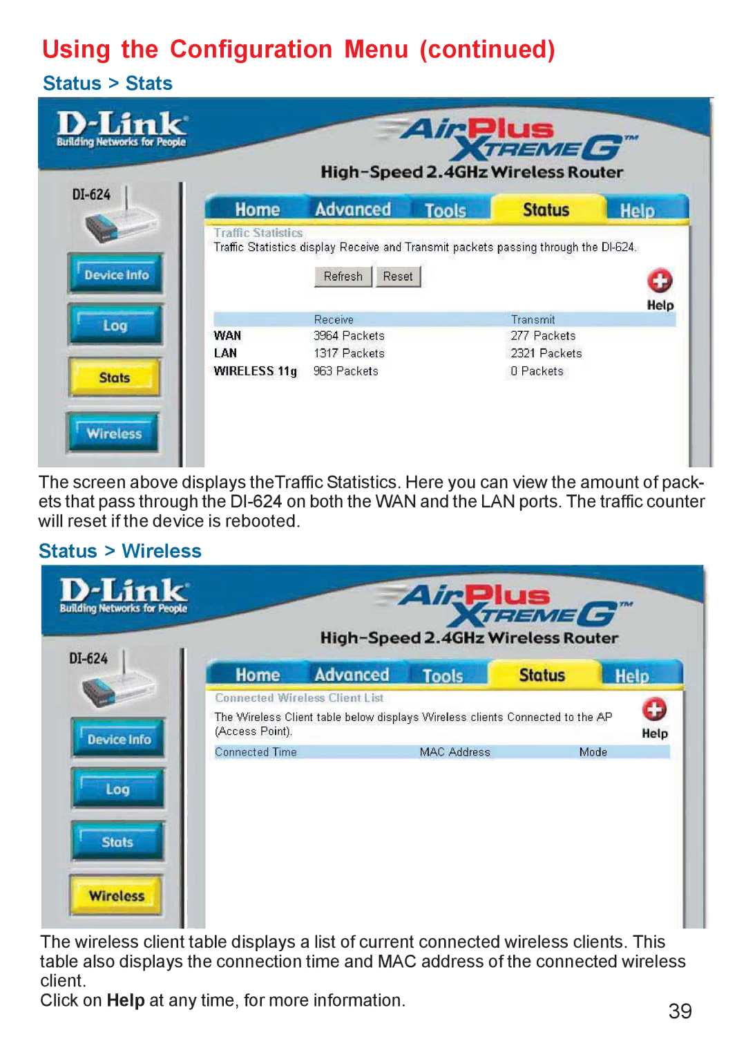 D-Link DI-624 manual Status Stats, Status Wireless 