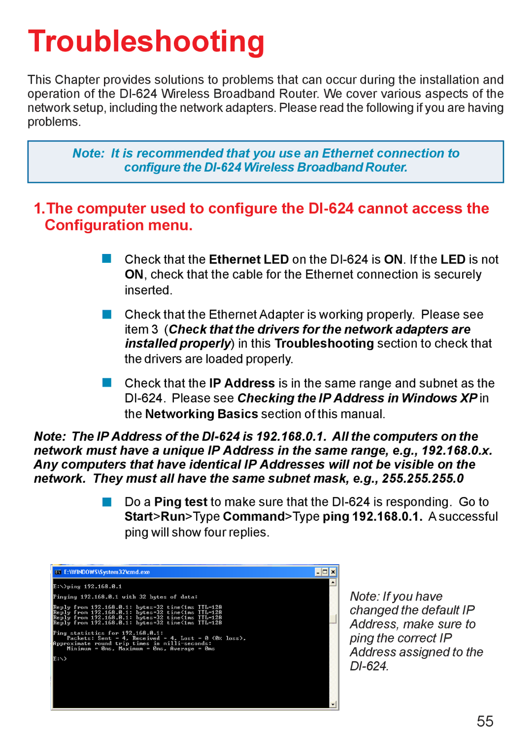 D-Link DI-624 manual Troubleshooting, StartRunType CommandType ping 192.168.0.1. a successful 