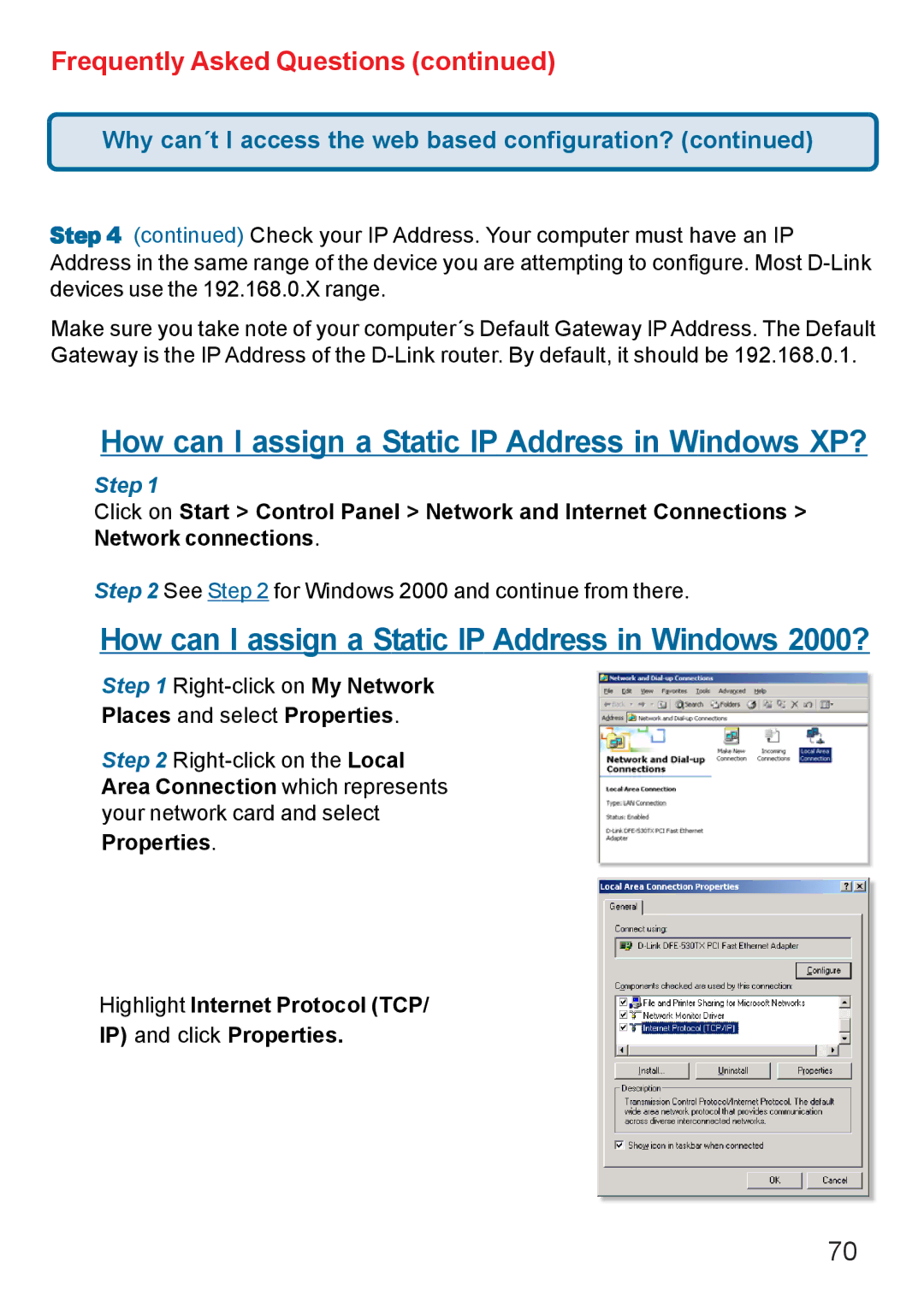 D-Link DI-624 manual How can I assign a Static IP Address in Windows XP?, Places and select Properties 