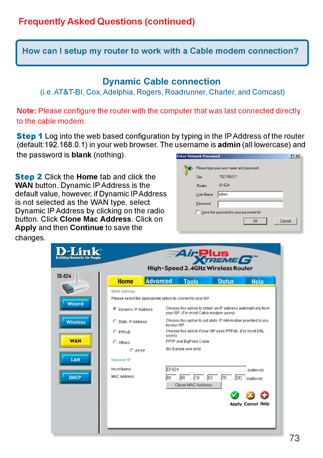 D-Link DI-624 manual Dynamic Cable connection 