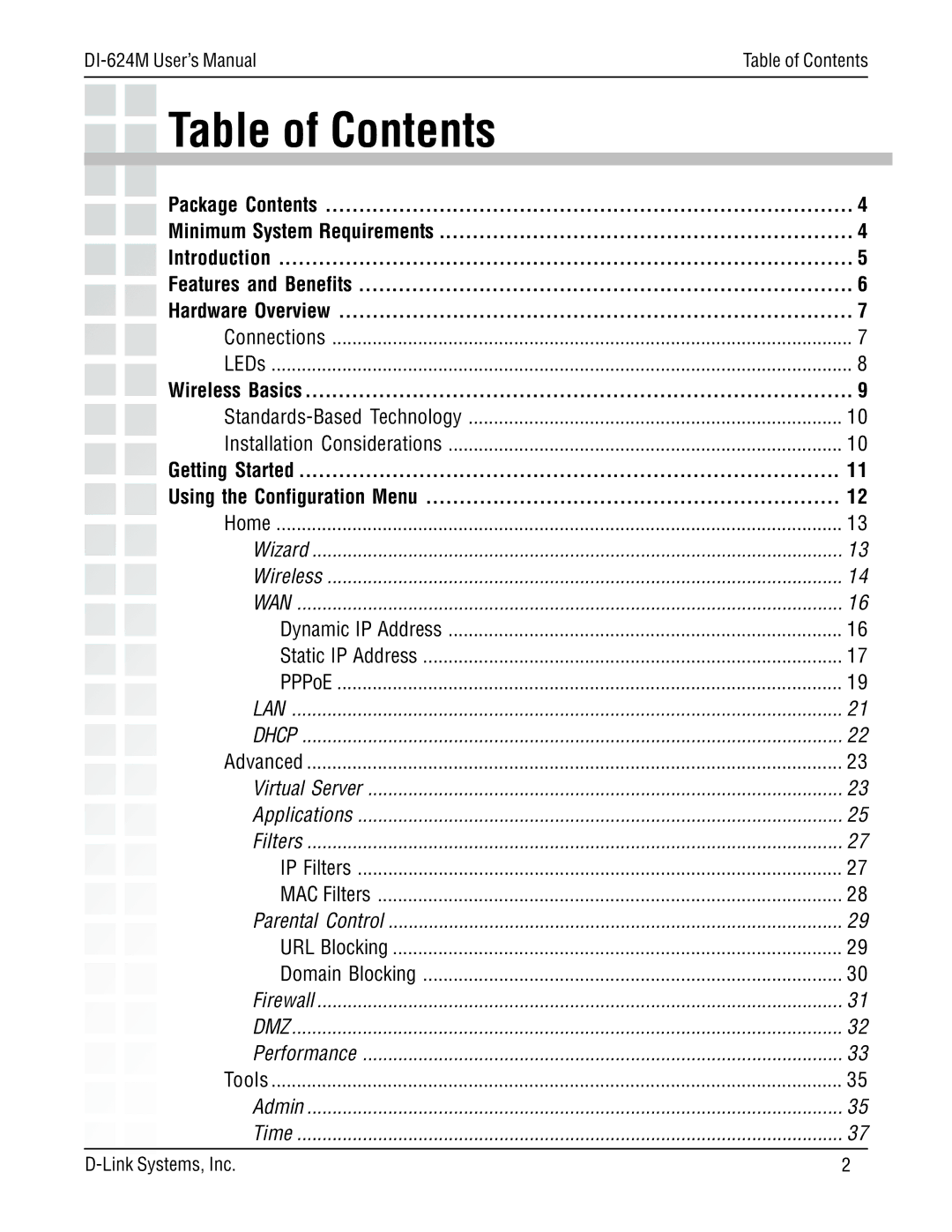 D-Link DI-624M manual Table of Contents 