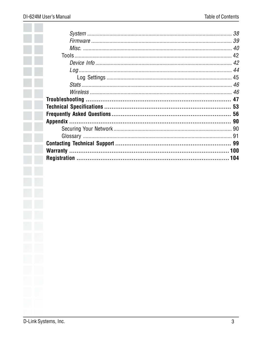 D-Link DI-624M manual System Firmware Misc, Device Info Log, Stats Wireless, Warranty, Registration 