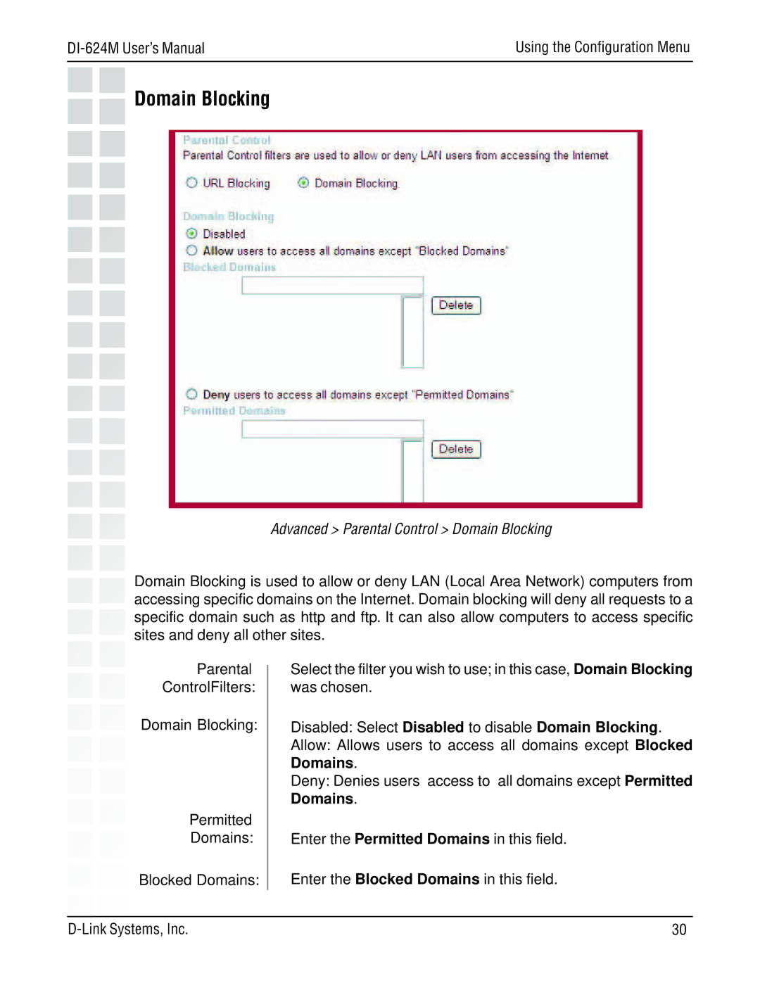 D-Link DI-624M manual Advanced Parental Control Domain Blocking, Domain Blocking Permitted Domains, Blocked Domains 