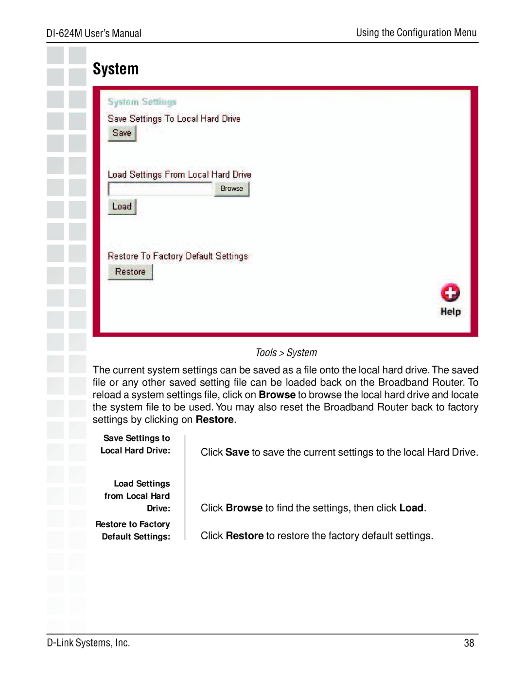 D-Link DI-624M manual Tools System, Load Settings from Local Hard Drive 