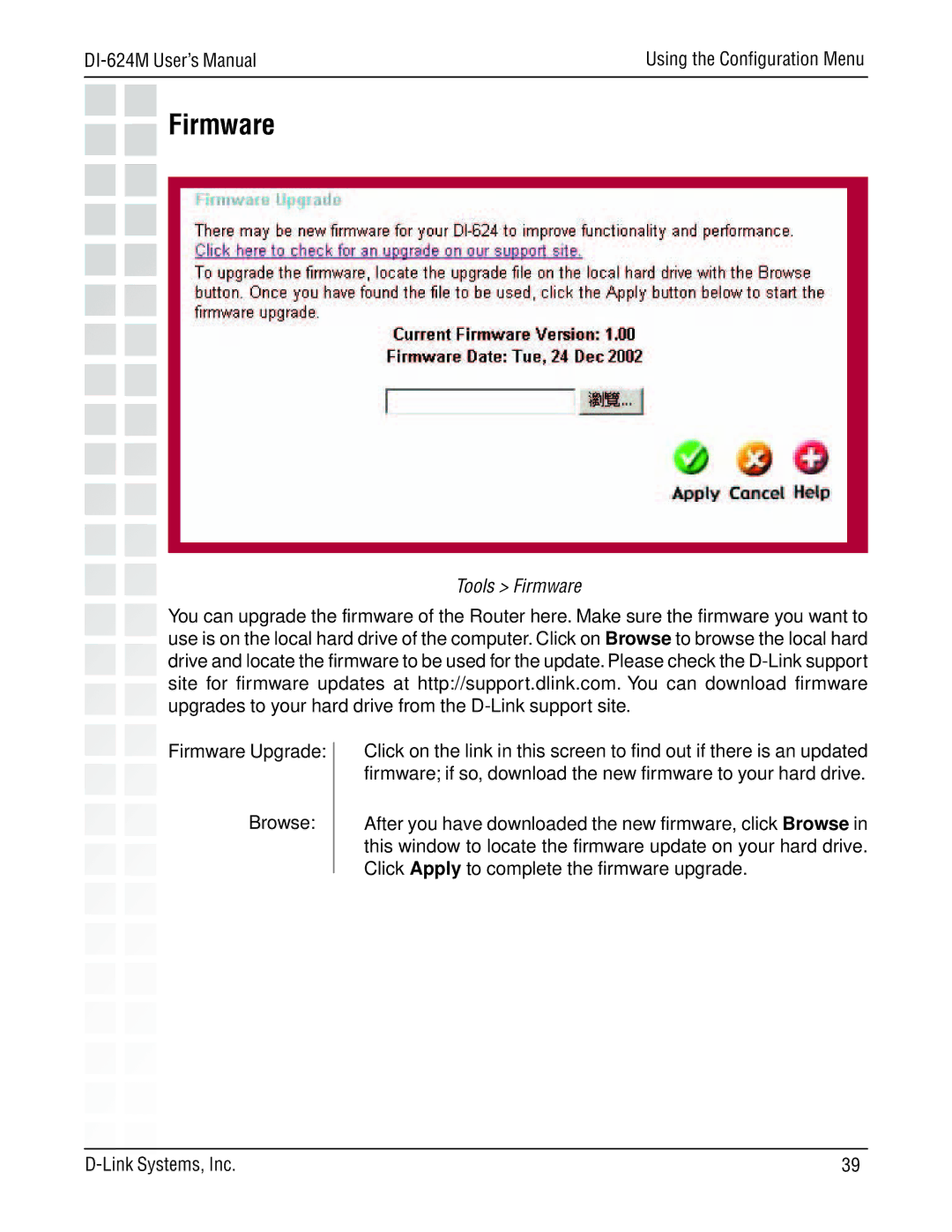D-Link DI-624M manual Tools Firmware, Firmware Upgrade Browse 