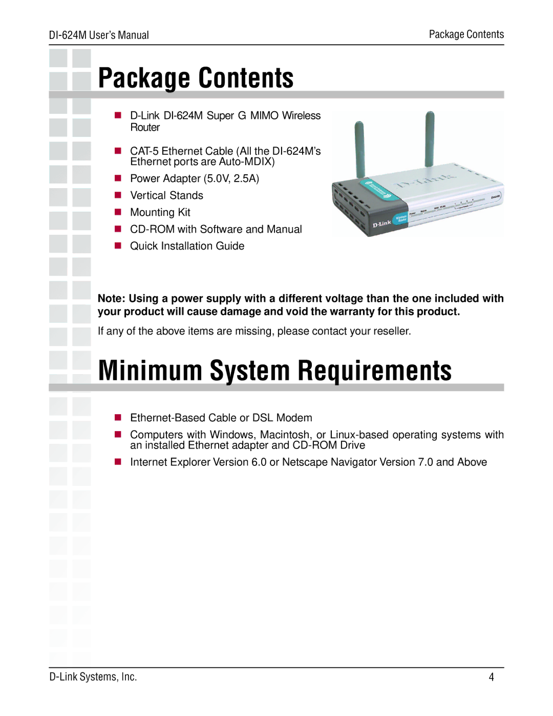 D-Link DI-624M manual Package Contents, Minimum System Requirements 