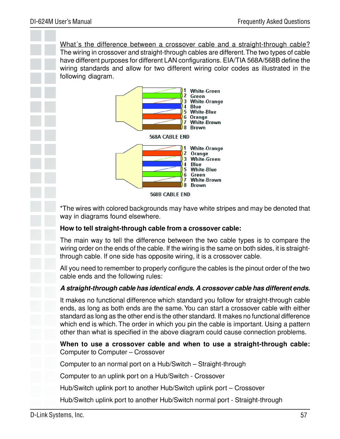 D-Link DI-624M manual How to tell straight-through cable from a crossover cable 