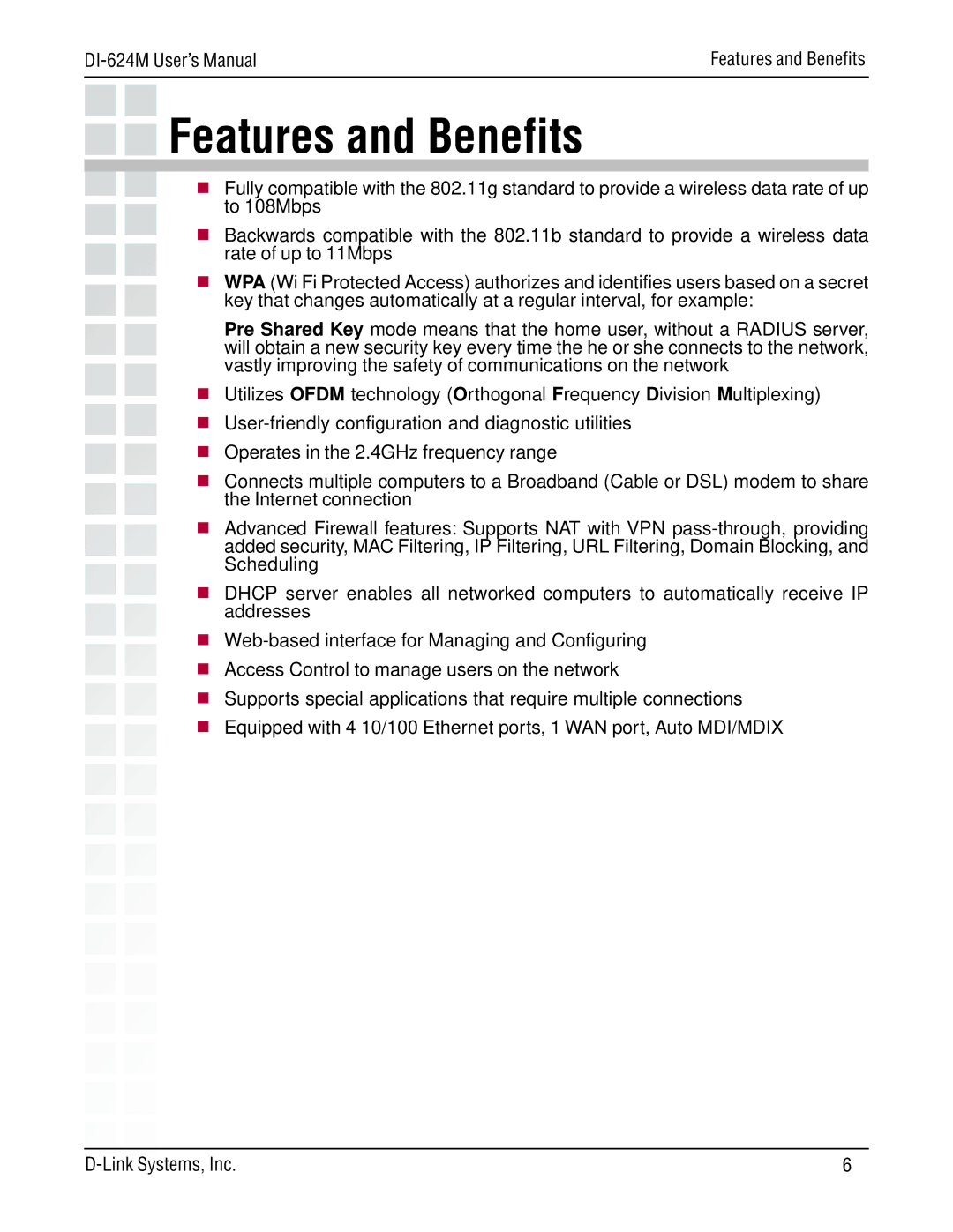 D-Link DI-624M manual Features and Benefits 