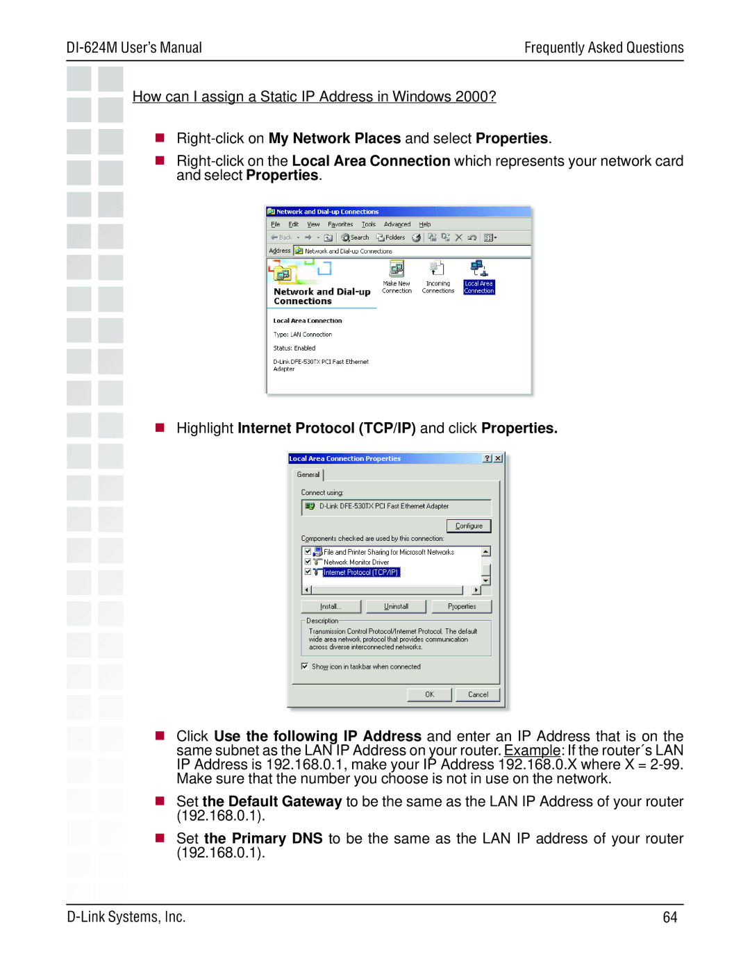 D-Link DI-624M manual Right-click on My Network Places and select Properties 