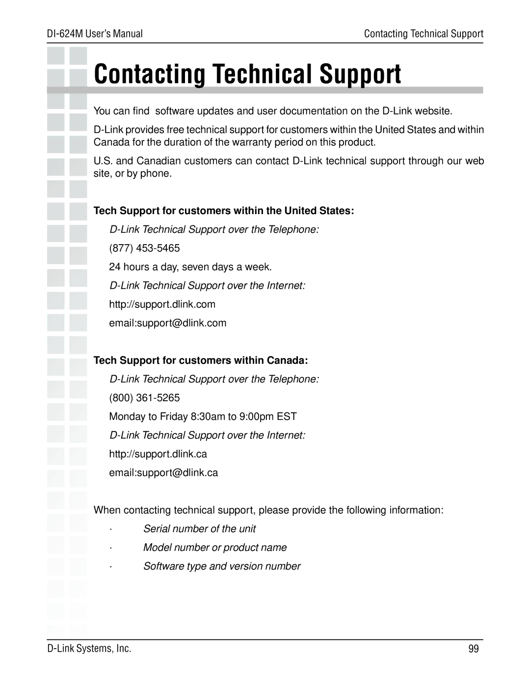 D-Link DI-624M manual Contacting Technical Support, Tech Support for customers within the United States 