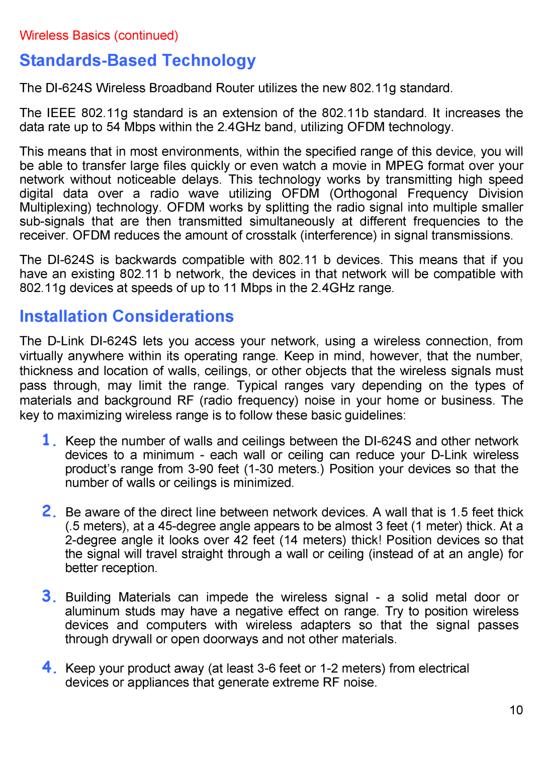 D-Link DI-624S manual Standards-Based Technology, Installation Considerations 