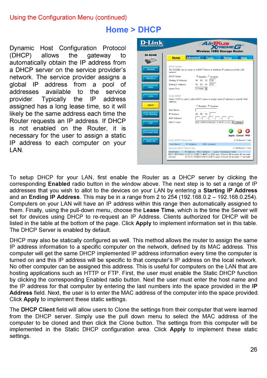 D-Link DI-624S manual Home Dhcp 