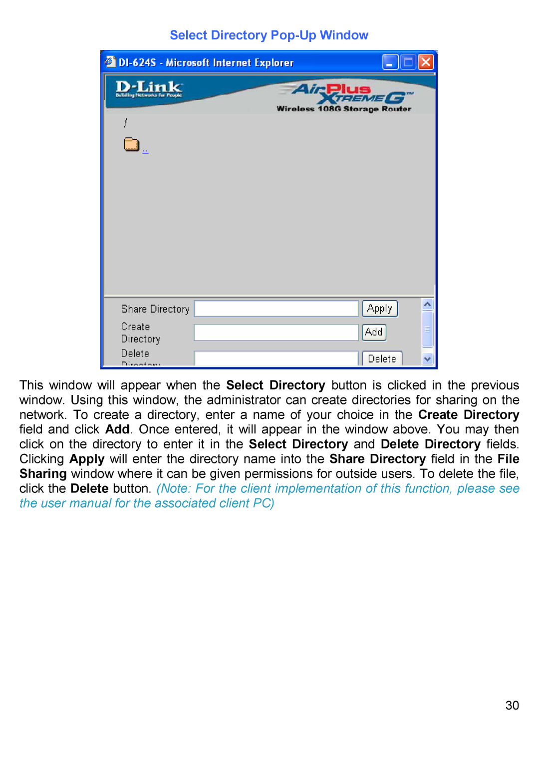 D-Link DI-624S manual Select Directory Pop-Up Window 