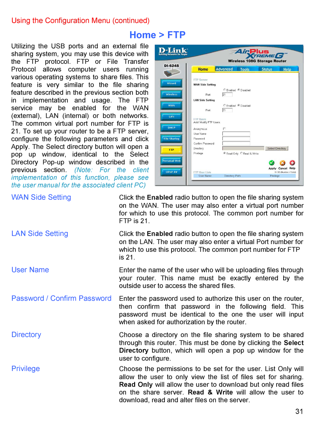 D-Link DI-624S manual Home FTP, WAN Side Setting, LAN Side Setting, Directory, Privilege 