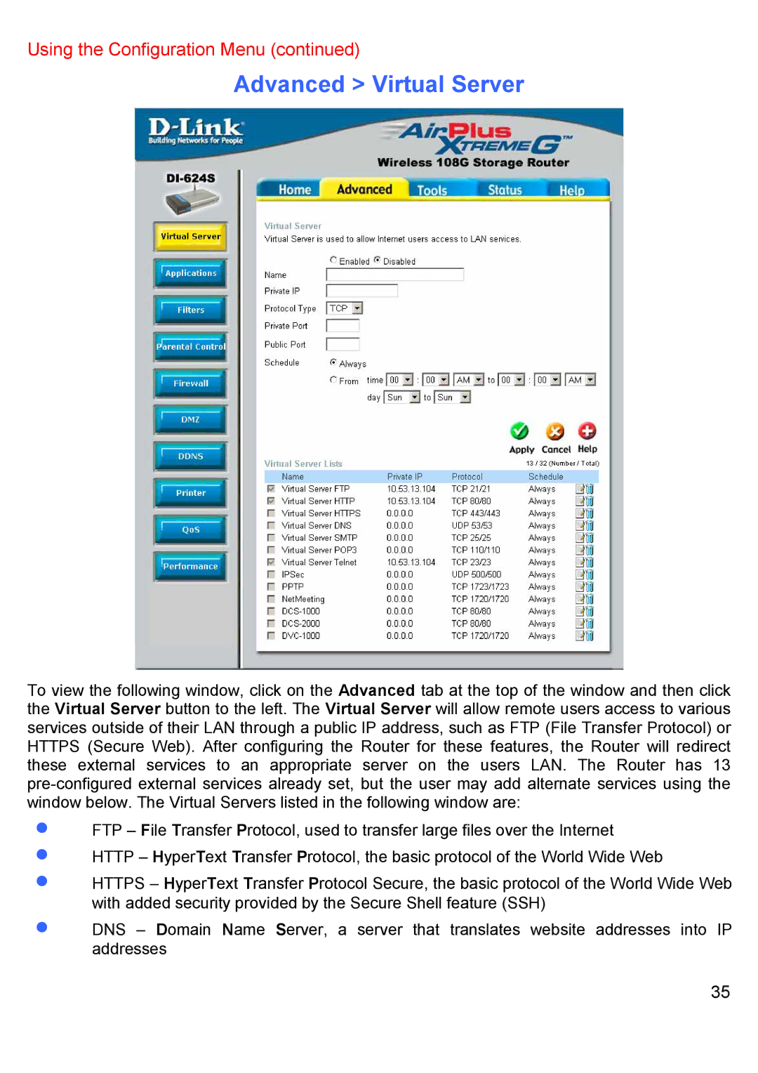 D-Link DI-624S manual Advanced Virtual Server 