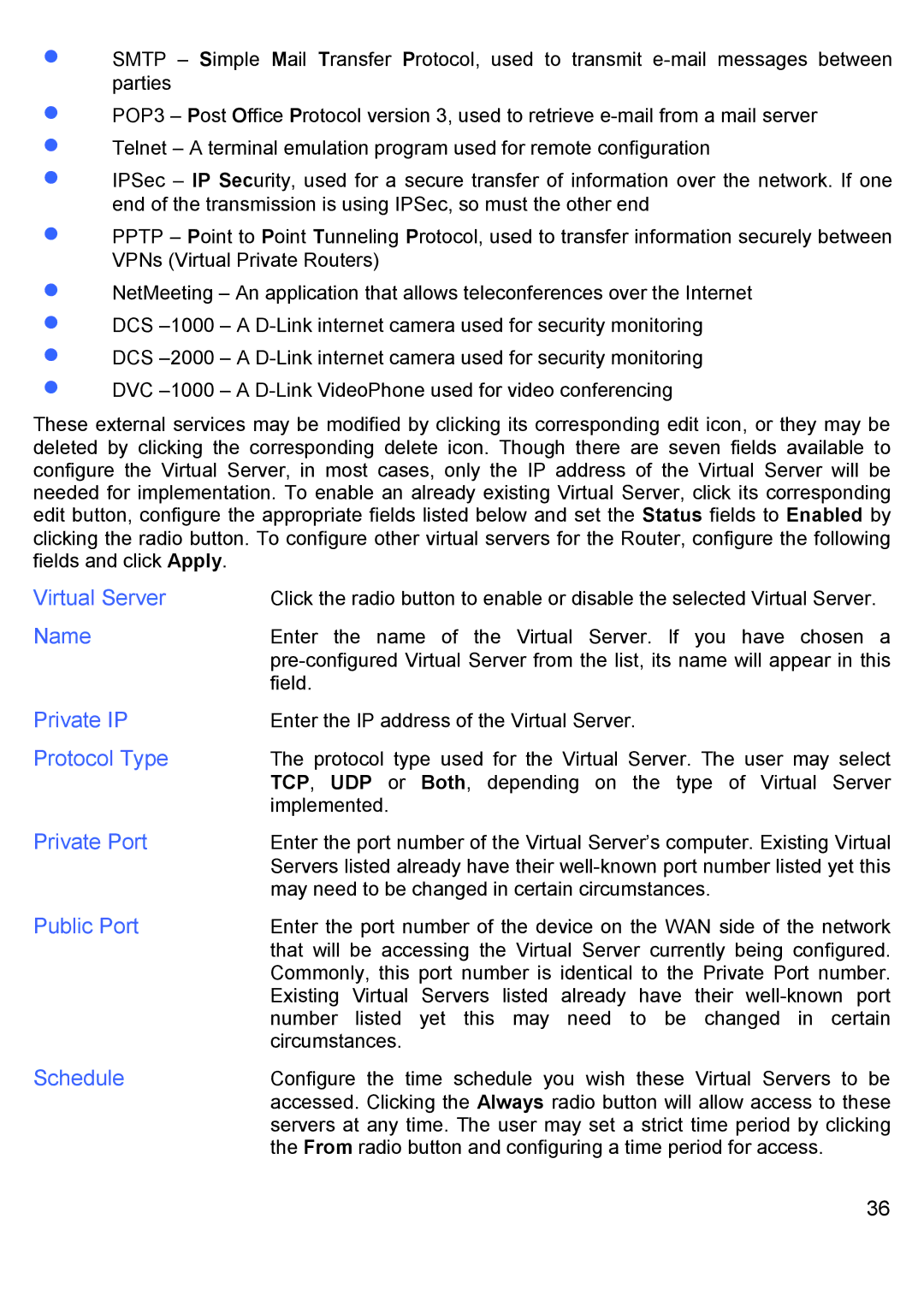 D-Link DI-624S manual Virtual Server, Private IP, Protocol Type, Private Port, Public Port, Schedule 