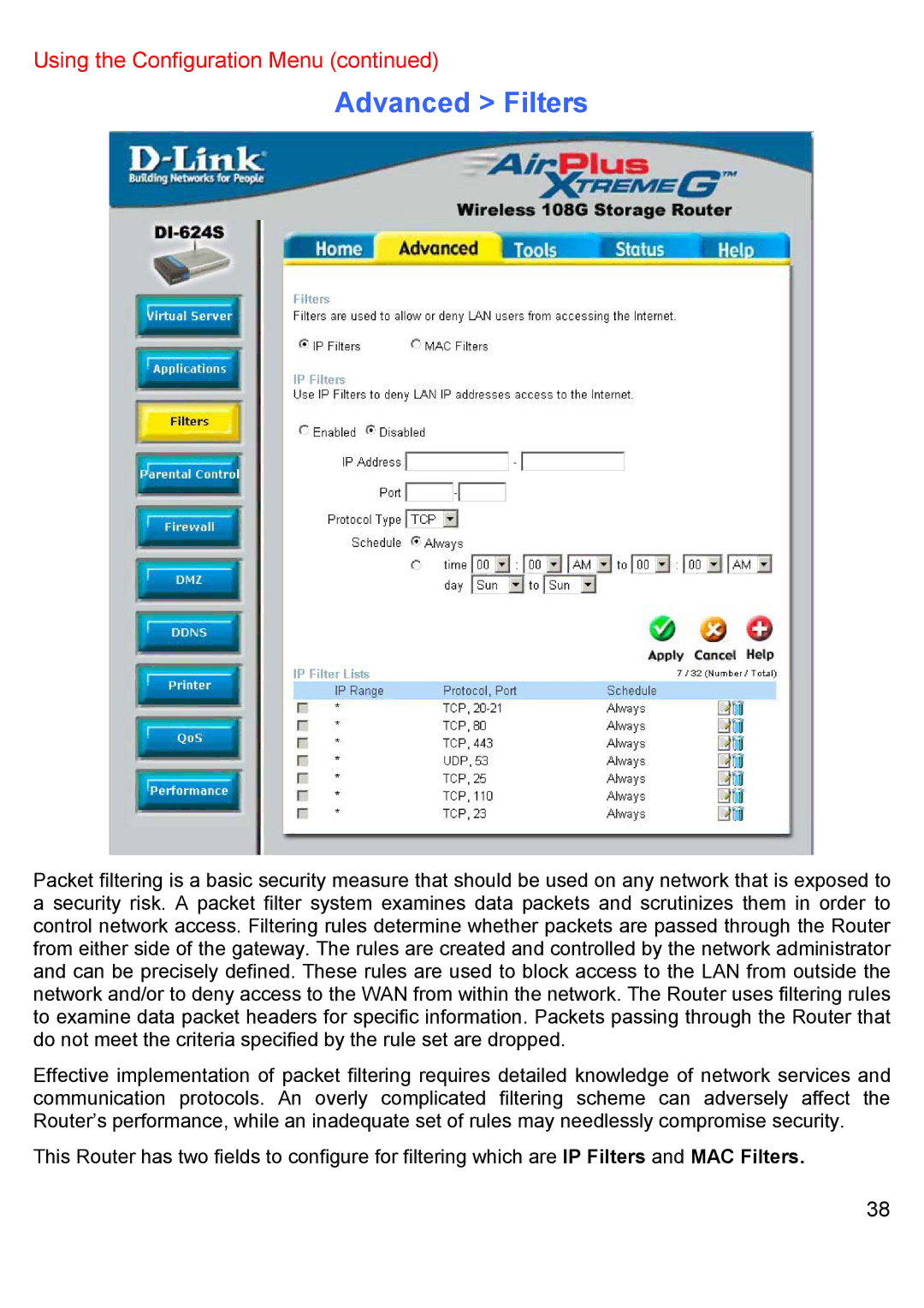 D-Link DI-624S manual Advanced Filters 