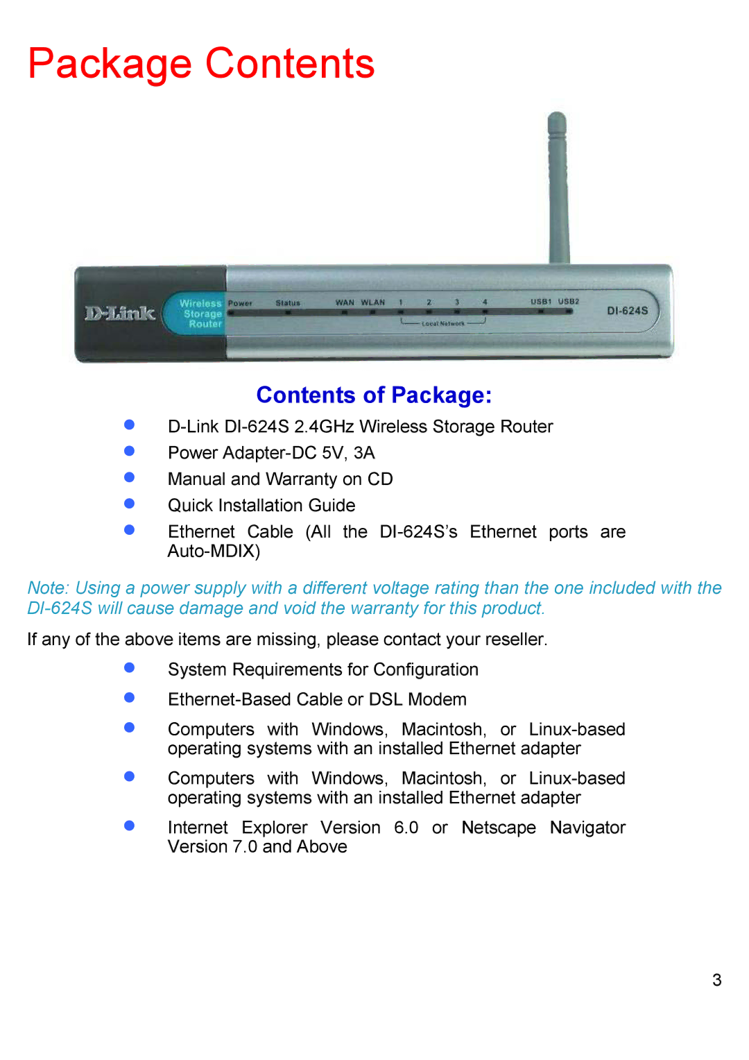 D-Link DI-624S manual Package Contents 