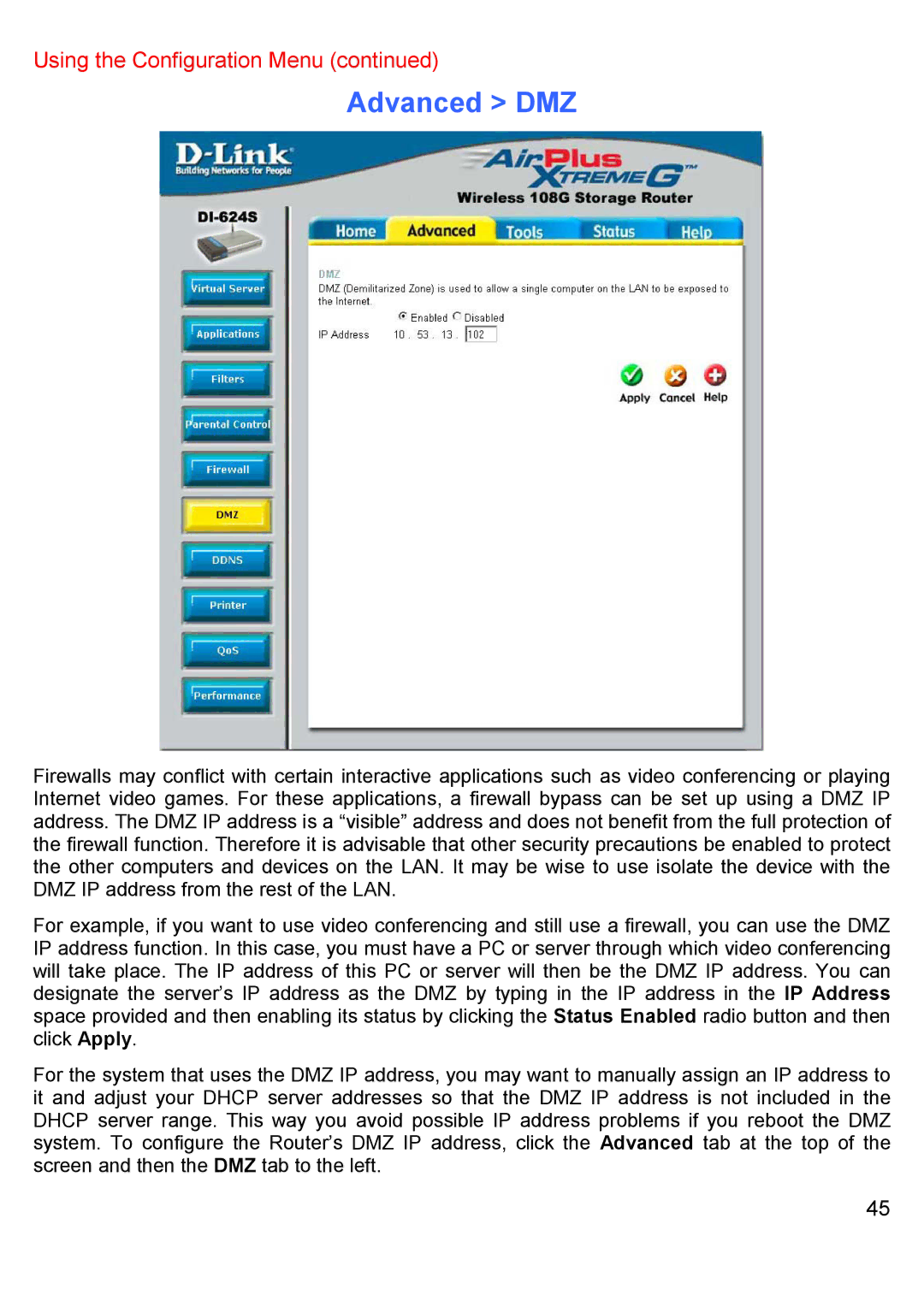 D-Link DI-624S manual Advanced DMZ 