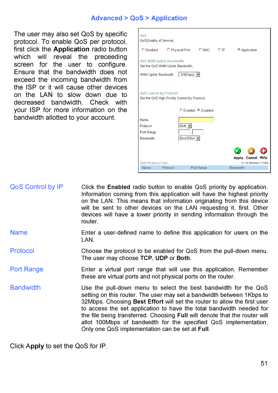 D-Link DI-624S manual Advanced QoS Application, QoS Control by IP, Protocol, Port Range, Bandwidth 