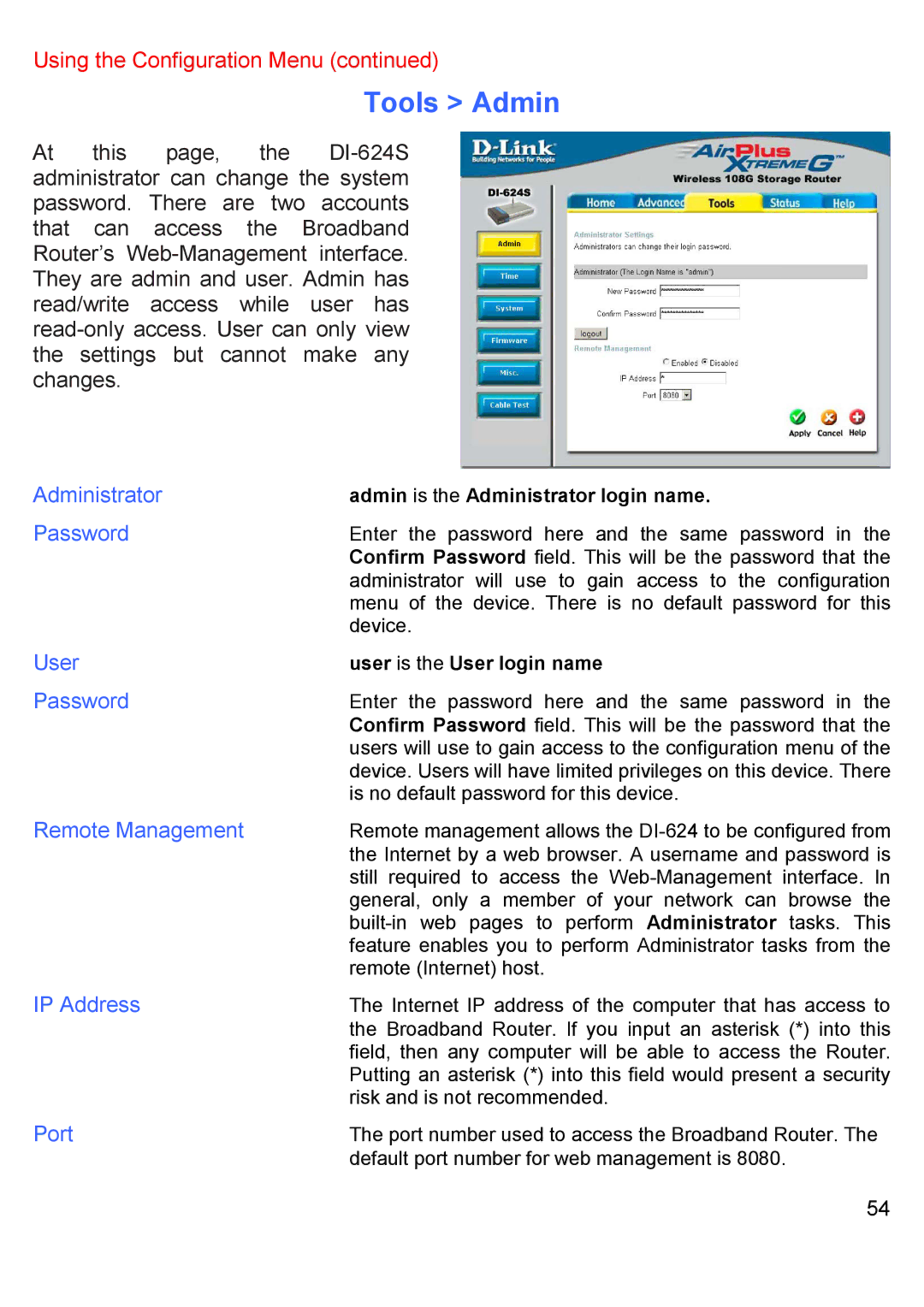 D-Link DI-624S manual Tools Admin, Administrator, User, Remote Management 