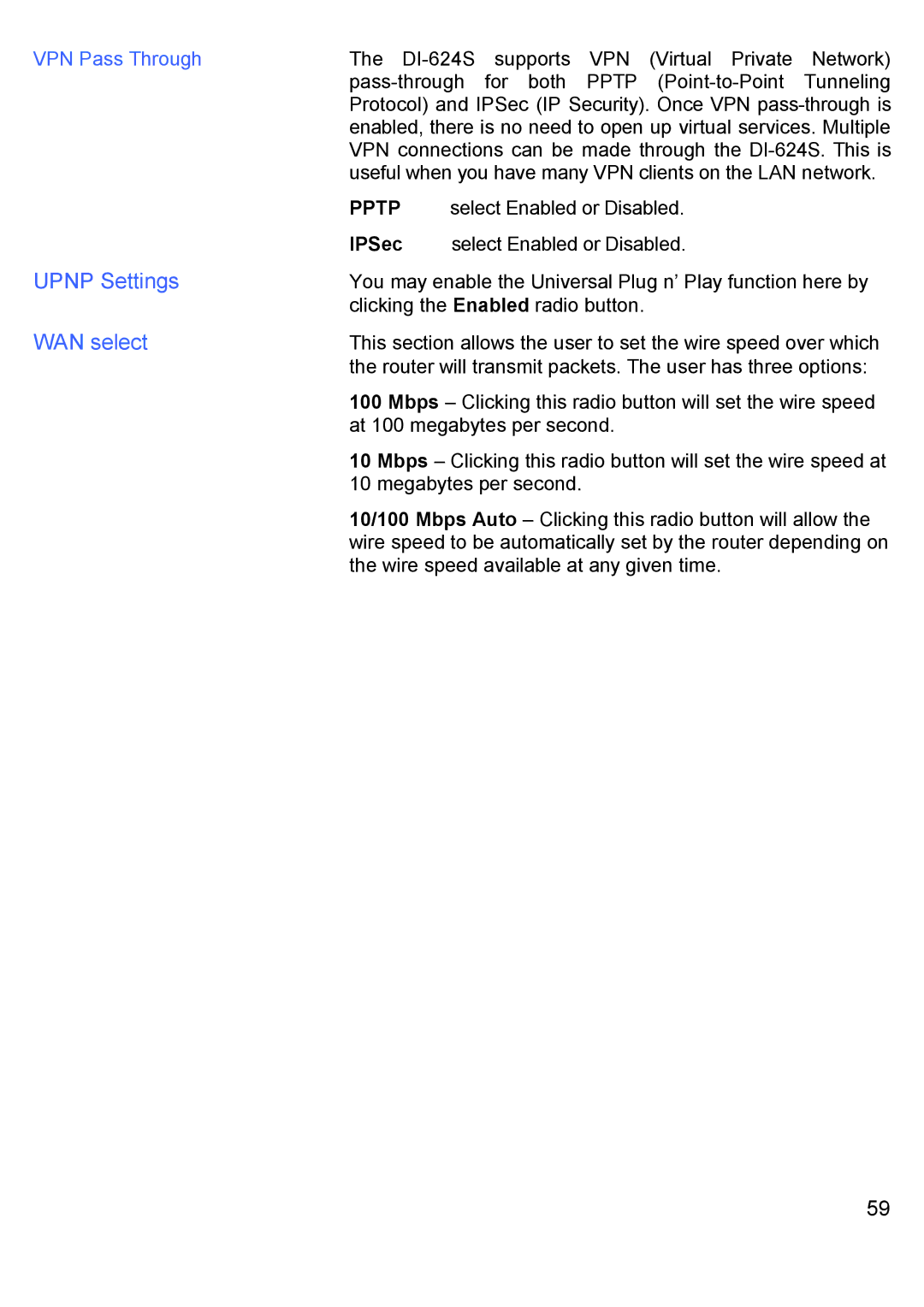 D-Link DI-624S manual Upnp Settings, WAN select 