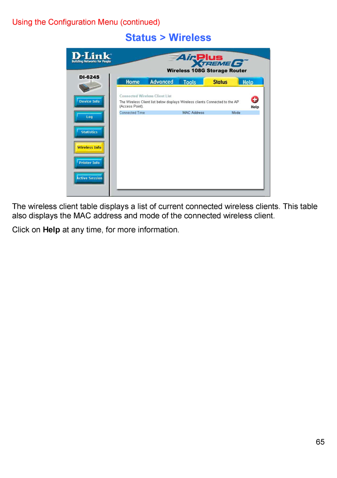 D-Link DI-624S manual Status Wireless 